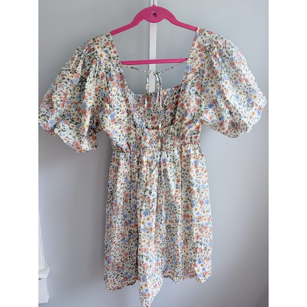 Mable Floral Puff Sleeve Smocked Mini Dress Size M Cottagecore - Picture 3 of 8